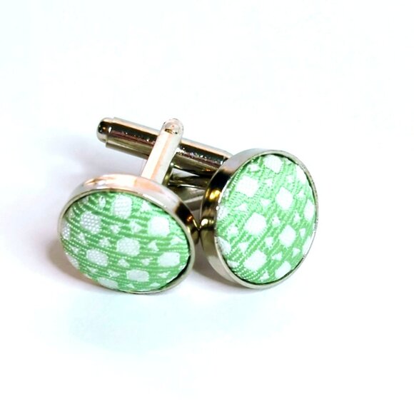 Green & White Patterned Fabric Cufflinks With Silver Tone Metal Finish - Picture 2 of 5